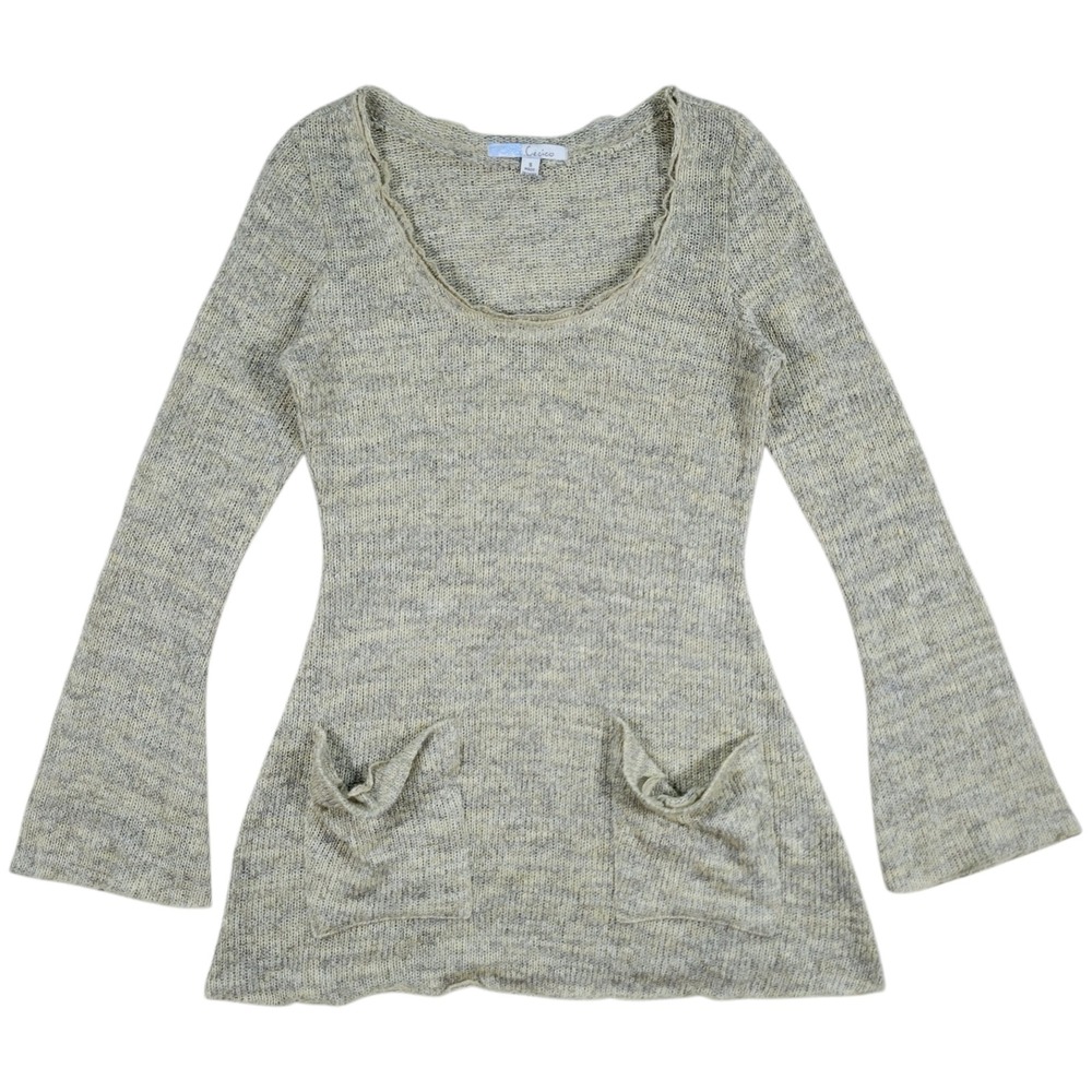 Cecico Open Knit Sweater Womens S Beige Bell Sleeve Scoop Neck Boho Tunic Top